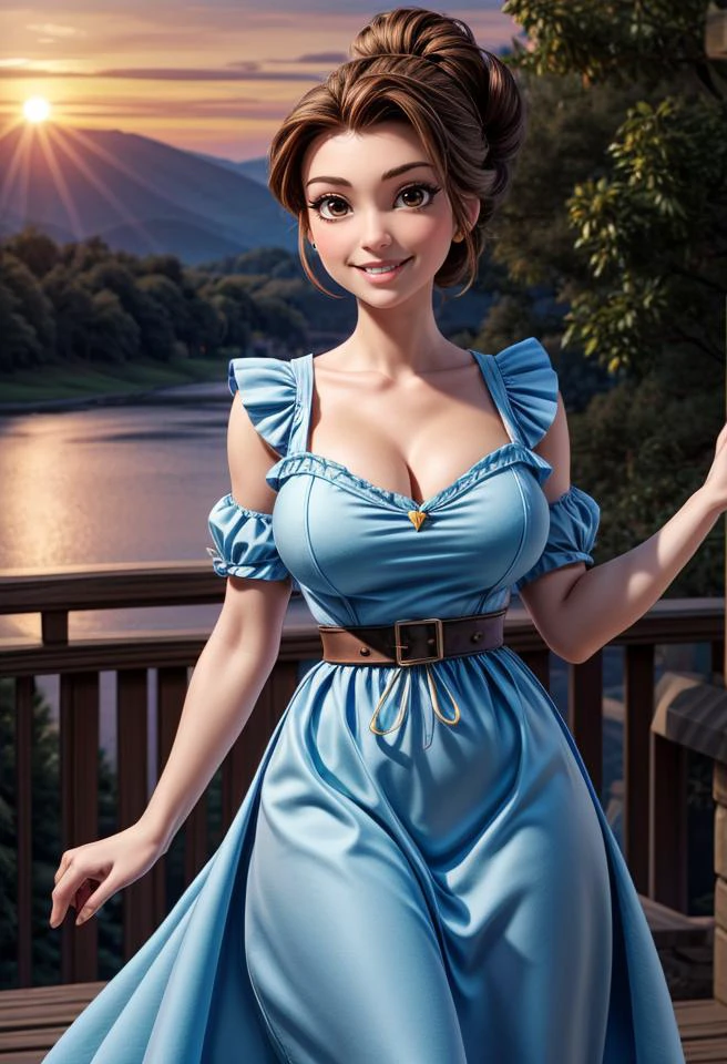 frontal, view, 1girl, solo, <lora:Princess_Belle:1>, Princess Belle, brown hair in an updo, brown eyes, smile,(blue dress), (white apron), (at forest), sunset, <lora:LowRA:0.4> , huge breasts, 18yo <lora:add_detail:0.6> <lora:more_details:0.6>