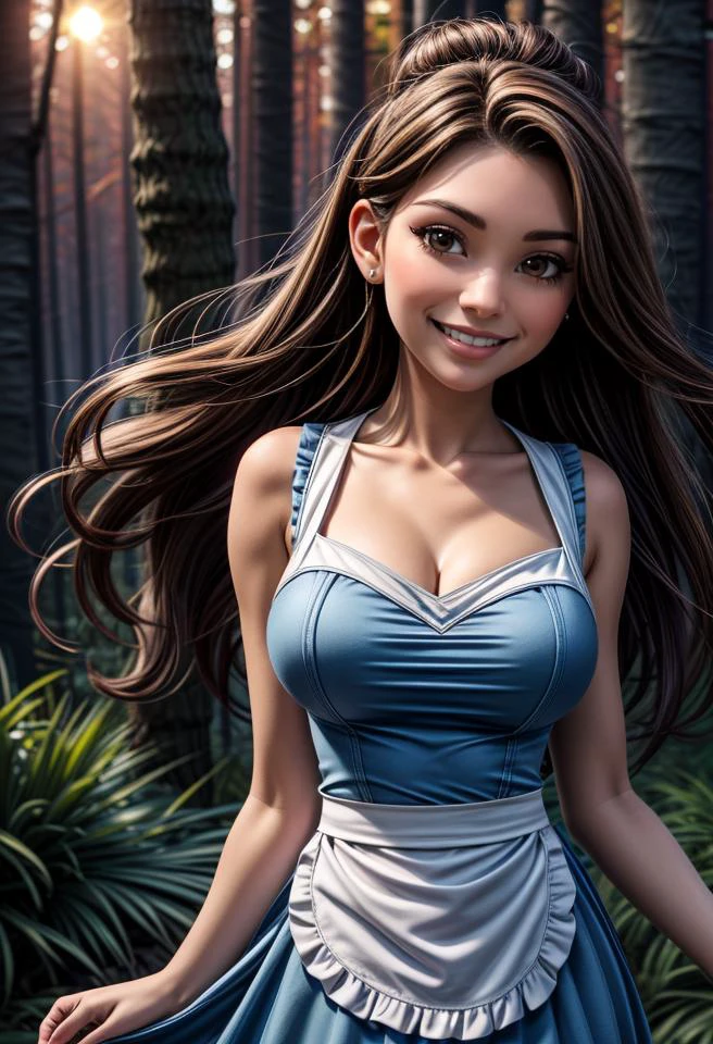 frontal, view, 1girl, solo, <lora:Princess_Belle:0.>, Princess Belle, brown hair in an updo, brown eyes, smile,(blue dress), (white apron), (at forest:1.3), sunset, <lora:LowRA:0.4> , huge breasts, 18yo <lora:add_detail:0.6> <lora:more_details:0.6>