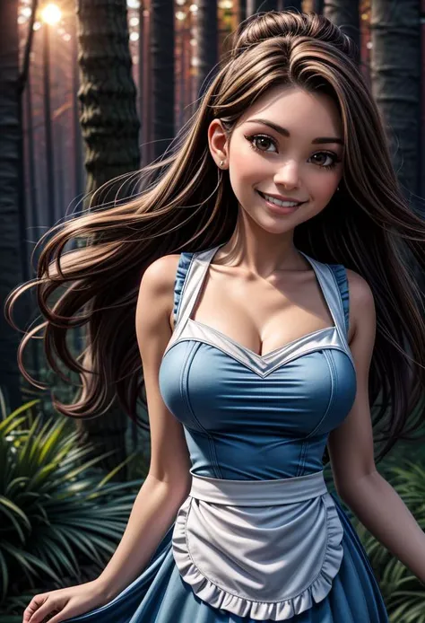 frontal, view, 1girl, solo, <lora:Princess_Belle:0.>, Princess Belle, brown hair in an updo, brown eyes, smile,(blue dress), (white apron), (at forest:1.3), sunset, <lora:LowRA:0.4> , huge breasts, 18yo  <lora:add_detail:0.6> <lora:more_details:0.6>