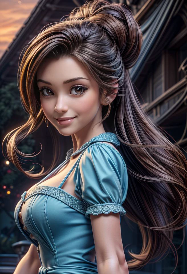 frontal, view, 1girl, solo, <lora:Princess_Belle:1>, Princess Belle, (brown hair in an updo), brown eyes, smile,(blue dress), (white apron), (at forest:1.3), sunset, <lora:LowRA:0.4> , huge breasts, 18yo <lora:add_detail:0.6> <lora:more_details:0.6> ((extremely detailed background:1.3)), (((hyperdetailed:1.3))), ((32k, RAW, best quality:1.3, ultra high res:1.4)), (absurdres, intricate, photorealistic, masterpiece, ultra-detailed:1.3),