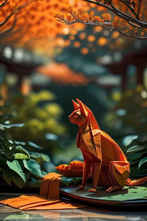 master piece, high quality, an orange cat in the orange grove, J_origami, intricate indian style detailed,