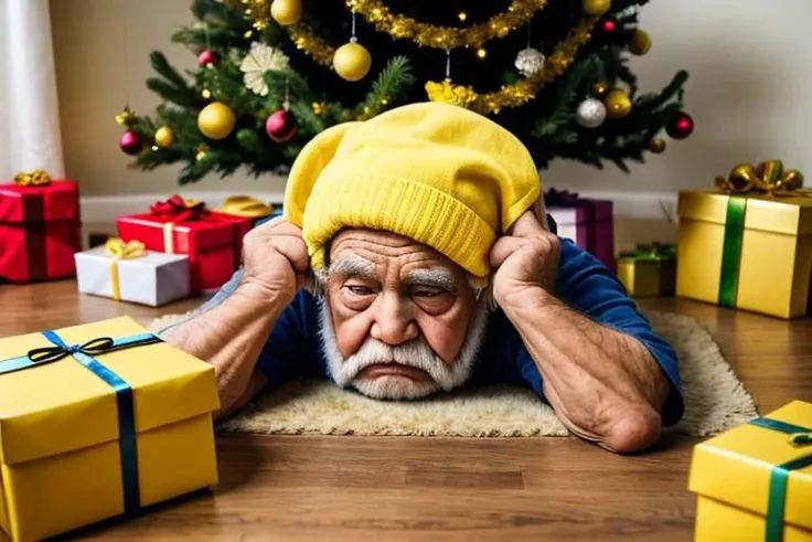 <wholesomegrandpas> dull eyes, blank eyes, open mouth, open box, gift wrap on floor, grumpy, christmas, (((yellow))), tree on fire in background