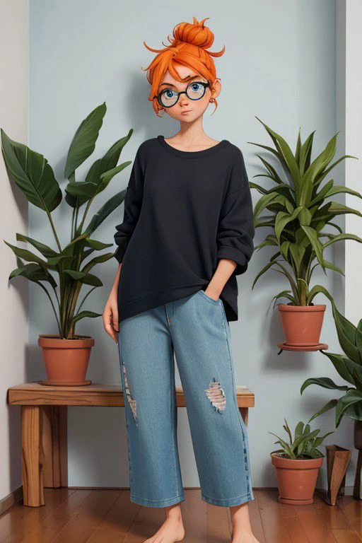 1girl, messy bun, thick eyebrows, aqua eyes, orange hair, black-framed eyewear, (loose clothes:1.4), light freckles, feet out of frame, standing, leaning, wall, vase, plant,
masterpiece, best quality, highres, intricate <lora:backlight_slider_v10:-1> <lora:contrast_slider_v10:2><lora:add_sharpness:1.0><lora:add_sharpness:1.0>