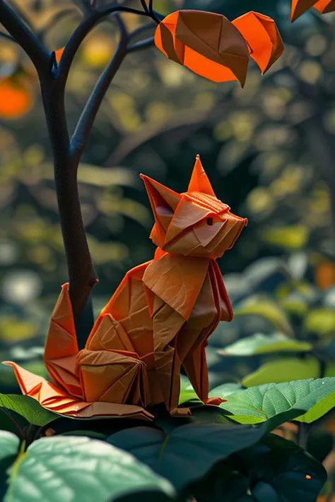 there is a origami fox sitting in a tree with leaves