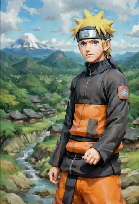 oil painting of naruto, konoha village background