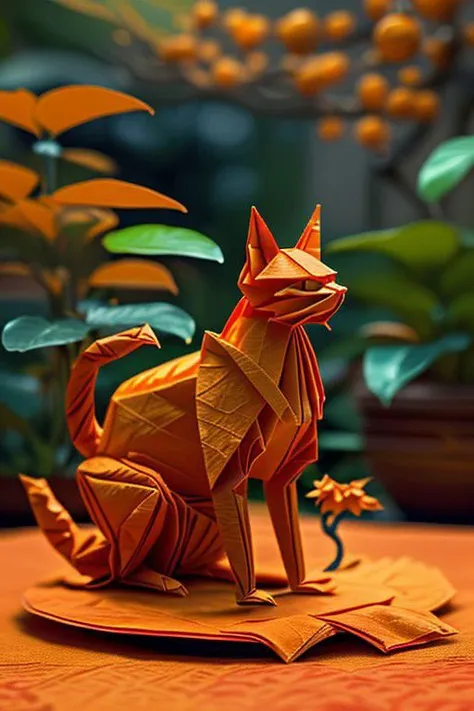 master piece, high quality, an orange cat in the orange grove, J_origami, intricate indian style detailed,