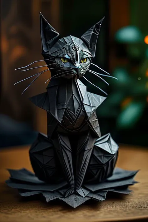 master piece, high quality, an black cat in the black grove, J_origami, intricate indian style detailed,