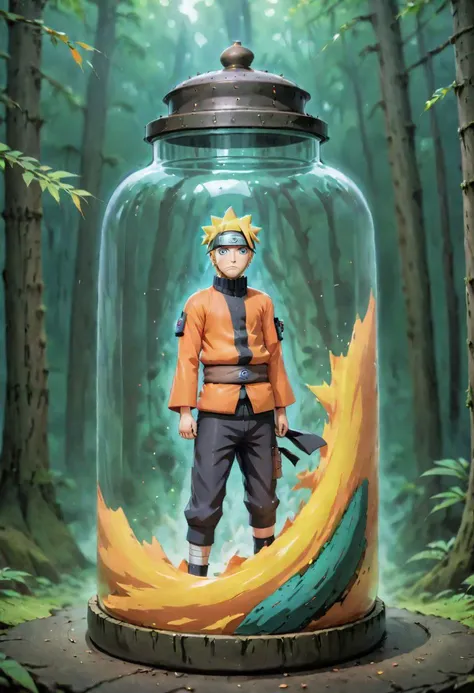 Contained Color, konoha village background, naruto in a jar container