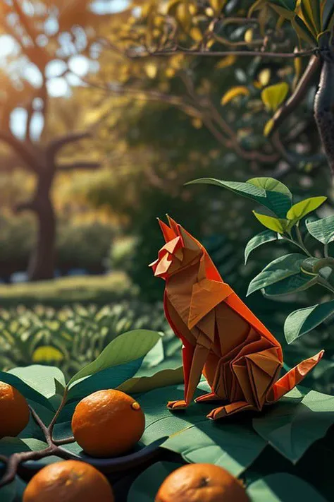 there is a origami cat sitting on a leaf next to oranges