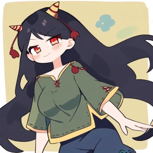 Best quality, most quality, anime style, anime girl, 1girl, solo, masterpiece, nippaku zanmu, green tshirt, red eyes, black hair, long hair, horn, short pants, blue short pants,