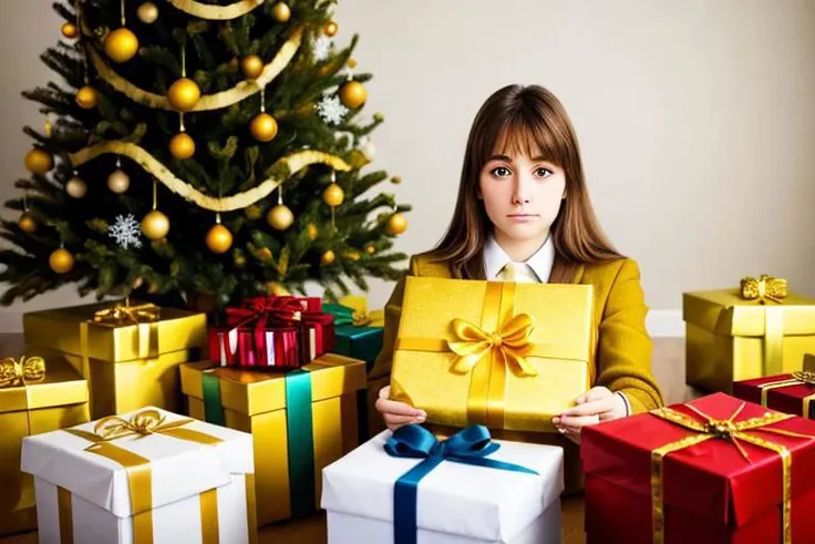 dull eyes, blank eyes, open box, gift wrap, blank expression, christmas, (((yellow))), tree on fire in background