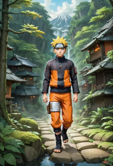 Highly detailed Dynamic shot of naruto, extremely detailed with high quality texture, intricate details, detailed texture, High quality shadow, Cinematic Light, Depth of field, light source contrast, konoha village background, whimsical fantasy