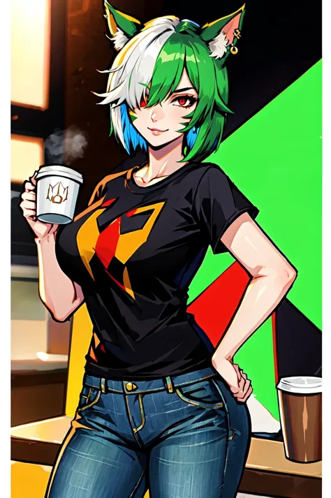 1 girl, solo, large breasts, HoldingACupofCoffee,tshirt, jeans, Miqote-GenderofChoice