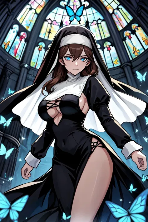 official art, unity 8k wallpaper, ultra detailed, beautiful and aesthetic, High quality, beautiful, masterpiece, best quality, (zentangle, mandala, tangle, entangle:0.6), 1girl, solo, blue butterfly, breasts, veil, nun, butterfly, large breasts, bug, bangs, long hair, long sleeves, dress, black dress, looking at viewer, brown hair, closed mouth, gothic church scene, side lighting, rim lighting, demonic view, indoors, hair between eyes, underboob, sky, window, pillar, pelvic curtain, water splash, wind swept, glitter,ultra sharp