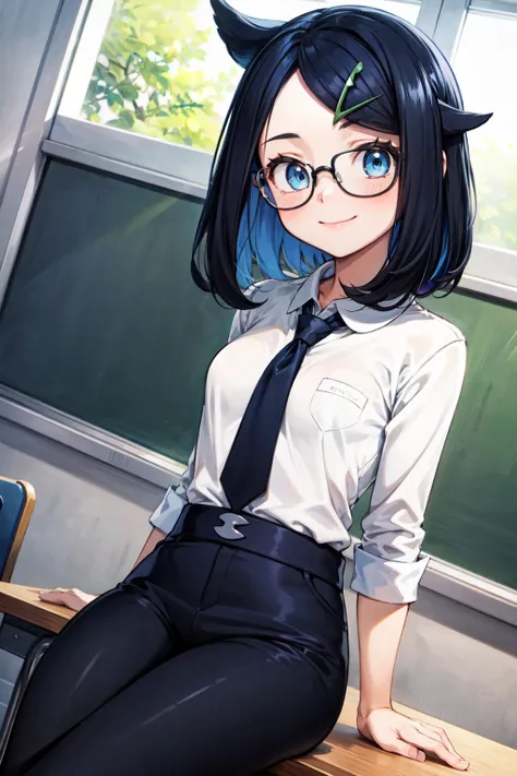 masterpiece,best quality,1girl,solo,pokemonliko,hairclip,multicolored hair,black hair,blue hair,blue eyes,(glasses,teacher,white shirt,necktie,black pants),sitting,holding notepad,smile,classroom,window,indoors,sunlight,light rays,dutch angle,cowboy shot,<lora:Concept-control tool-add_detail-CyberAIchemist:0.8>,<lora:pokemon_liko:0.9>,