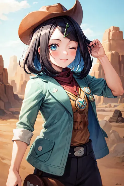 masterpiece,best quality,1girl,solo,pokemonliko,hairclip,multicolored hair,black hair,blue hair,blue eyes,cowgirl outfit,(cowboy hat),jacket,fringe trim,sheriff badge,smile,one eye closed,outdoors,cowboy western,desert,<lora:Concept-control tool-add_detail-CyberAIchemist:0.8>,<lora:pokemon_liko:0.9>,<lora:cowgirl_outfit_v0.1a:1>,