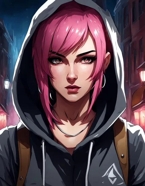 arcane style, 1girl, hoodie, arm tattoo, portrait, asymmetrical bangs, bandaid, short hair, bangs, breasts, freckles, grey eyes, large breasts, looking at viewer, neck tattoo, nose piercing, pink hair, scar, scar on face, solo, tattoo on face, upper body, detailed background, town, alley, dark alley, portrait, hood on head, night, angry, close up, closed mouth, , ((masterpiece)), absurdres