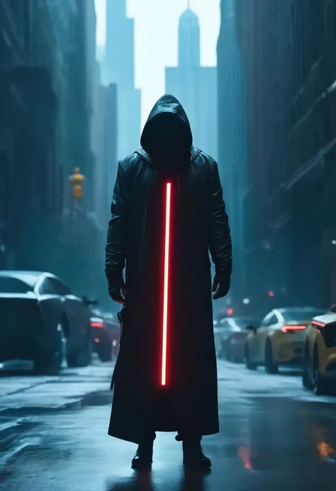 "cinematic still, medium shot on ARRI Alexa 35, a lone hooded figure using chaos magic, low-key color grading, hyper-realistic pop, cyberpunk, Chicago 2087