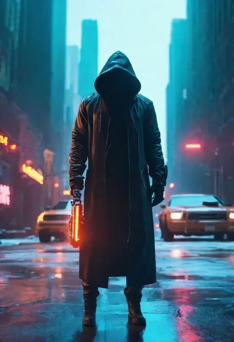 "cinematic still, medium shot on ARRI Alexa 35, a lone hooded figure using chaos magic, low-key color grading, hyper-realistic pop, cyberpunk, Chicago 2087
