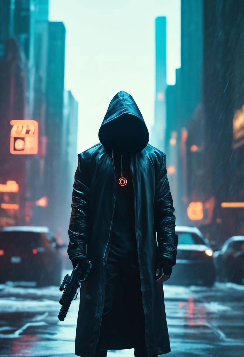 "cinematic still, medium shot on ARRI Alexa 35, a lone hooded figure using chaos magic, low-key color grading, hyper-realistic pop, cyberpunk, Chicago 2087