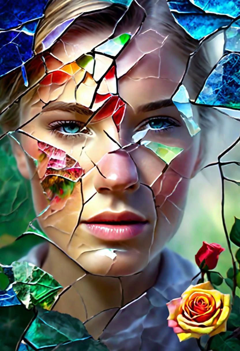 Compose a deeply emotional and visually stunning image featuring Close up of a young Norwegian woman, face as cracked broken glass, natural skin, in the Garden of Eden, with delicate multicolored roses, incorporate abstract art elements conveying a broken glass effect, conveying shattered memories and a tinted background with vivid shades to enhance the emotional impact, include rose thorns dripping with blood, adding to the overall beauty and evocative nature of the piece, hyper-detailed and intricate elements, The dramatic atmosphere enhances the overall high-quality and detailed nature of this stunning piece of artwork, style of Josan Gonzalez,