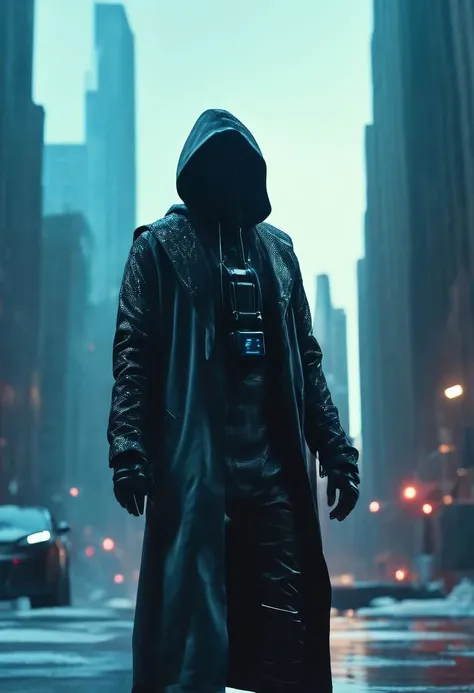 "cinematic still, medium shot on ARRI Alexa 35, a lone hooded figure using chaos magic, low-key color grading, hyper-realistic pop, cyberpunk, Chicago 2087