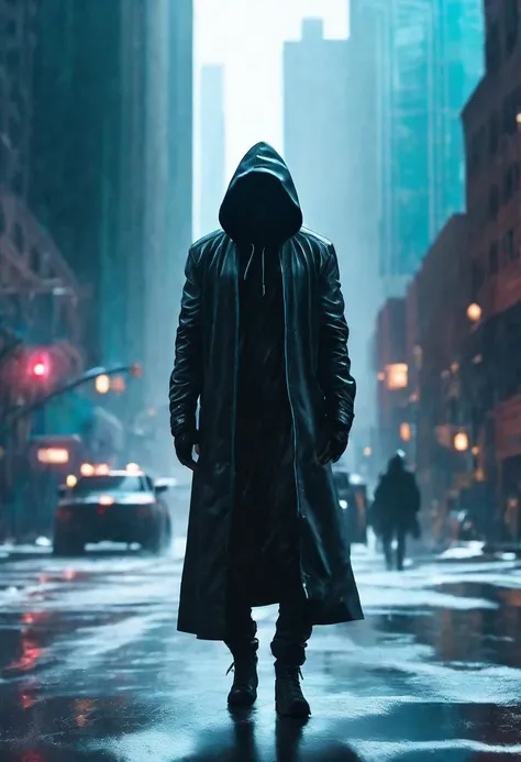 "cinematic still, medium shot on ARRI Alexa 35, a lone hooded figure using chaos magic, low-key color grading, hyper-realistic pop, cyberpunk, Chicago 2087