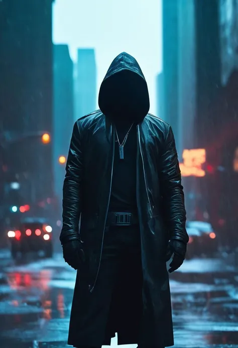 "cinematic still, medium shot on ARRI Alexa 35, a lone hooded figure using chaos magic, low-key color grading, hyper-realistic pop, cyberpunk, Chicago 2087