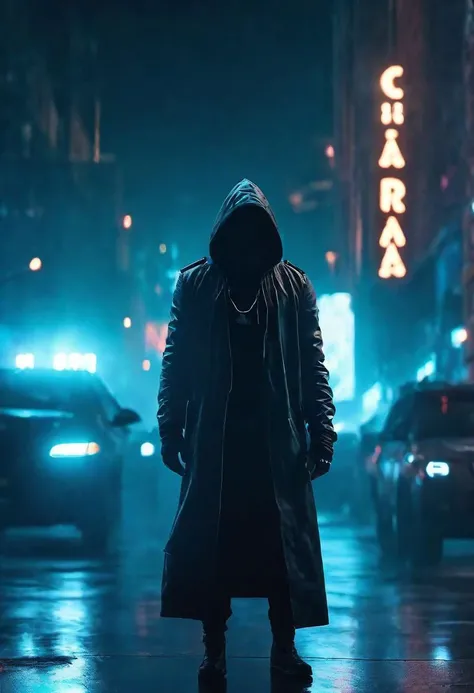 "cinematic still, medium shot on ARRI Alexa 35, a lone hooded figure using chaos magic, low-key color grading, hyper-realistic pop, cyberpunk, Chicago 2087