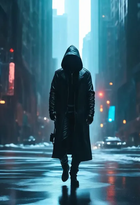 "cinematic still, medium shot on ARRI Alexa 35, a lone hooded figure using chaos magic, low-key color grading, hyper-realistic pop, cyberpunk, Chicago 2087