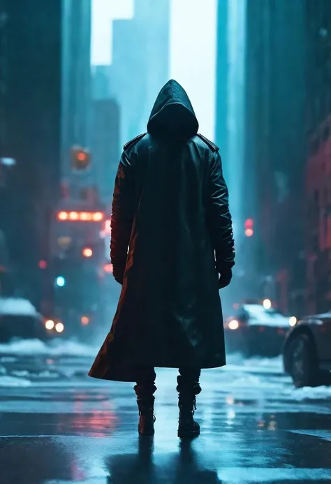 "cinematic still, medium shot on ARRI Alexa 35, a lone hooded figure using chaos magic, low-key color grading, hyper-realistic pop, cyberpunk, Chicago 2087