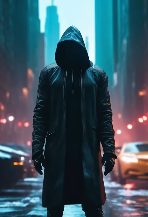 "cinematic still, medium shot on ARRI Alexa 35, a lone hooded figure using chaos magic, low-key color grading, hyper-realistic pop, cyberpunk, Chicago 2087