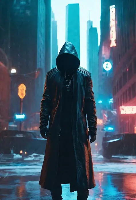 "cinematic still, medium shot on ARRI Alexa 35, a lone hooded figure using chaos magic, low-key color grading, hyper-realistic pop, cyberpunk, Chicago 2087