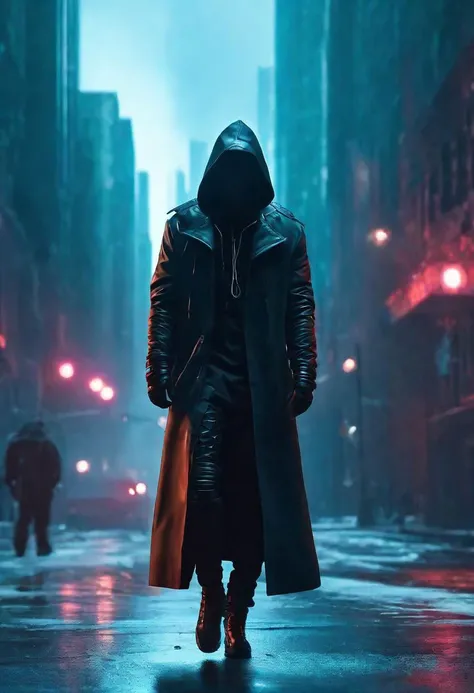 "cinematic still, medium shot on ARRI Alexa 35, a lone hooded figure using chaos magic, low-key color grading, hyper-realistic pop, cyberpunk, Chicago 2087