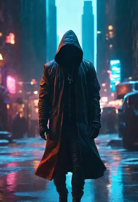 "cinematic still, medium shot on ARRI Alexa 35, a lone hooded figure using chaos magic, low-key color grading, hyper-realistic pop, cyberpunk, Chicago 2087