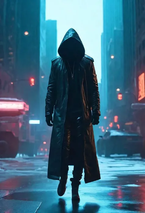 "cinematic still, medium shot on ARRI Alexa 35, a lone hooded figure using chaos magic, low-key color grading, hyper-realistic pop, cyberpunk, Chicago 2087
