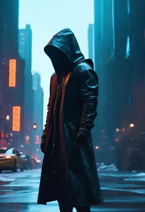 "cinematic still, medium shot on ARRI Alexa 35, a lone hooded figure using chaos magic, low-key color grading, hyper-realistic pop, cyberpunk, Chicago 2087