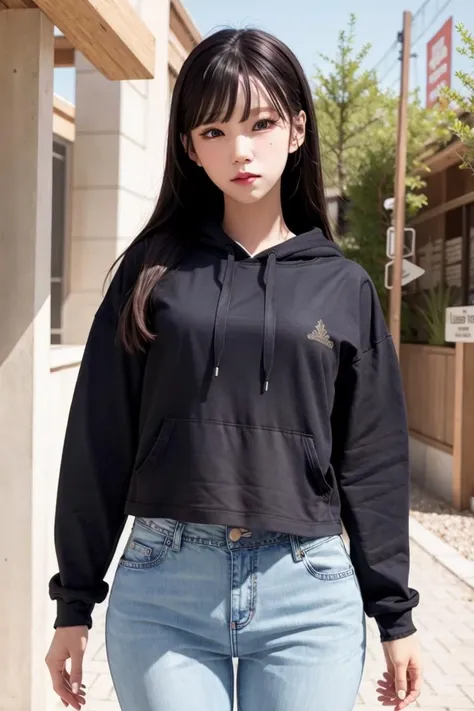 wjsnyeoreum, woman, urban, streets, (day:1.1), RAW,(8k, best quality, masterpiece:1.2),(intricate details:1.4),(photorealistic:1.4),octane render, complex 3d render ultra detailed, studio soft light, rim light, vibrant details, ultra detailed, realistic skin texture, detailed face, beautiful detailed eyes, extremely detailed CG unity 8k wallpaper, makeup, (detailed background:1.2), (cowboy shot:1.2),(hip),(perfect anatomy:1.2),(black hoodie, long jeans:1.2), <lora:wjsnyeoreum-v1:1>