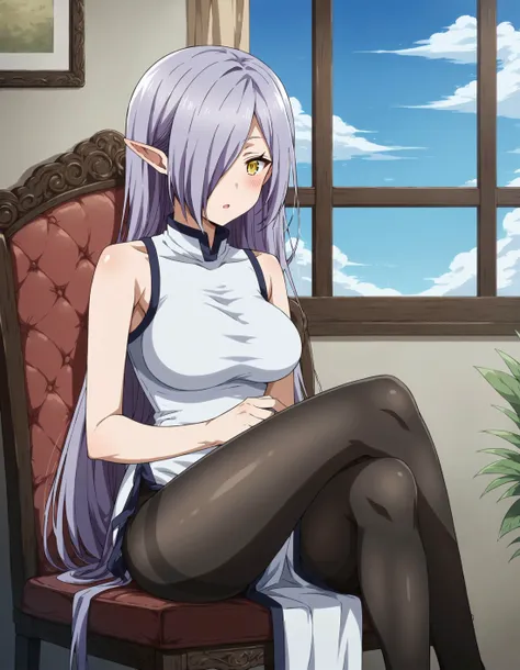 score_9, score_8_up, score_7_up, score_6_up, score_5_up, score_4_up, source_anime, anime coloring, rating_explicit
BREAK
kyarotto_olis, 1girl, solo, purple hair, very long hair, hair over one eye, pointy ears, yellow eyes, sleeveless dress, white dress, (long dress:1.2), side slit, black pantyhose, looking at viewer, blush, sitting, crossed legs, on chair
BREAK
wooden chair, window, indoors, day, blue sky
<lora:kyarotto_PeachBoyRiverside_ponyxl_v1:1>
