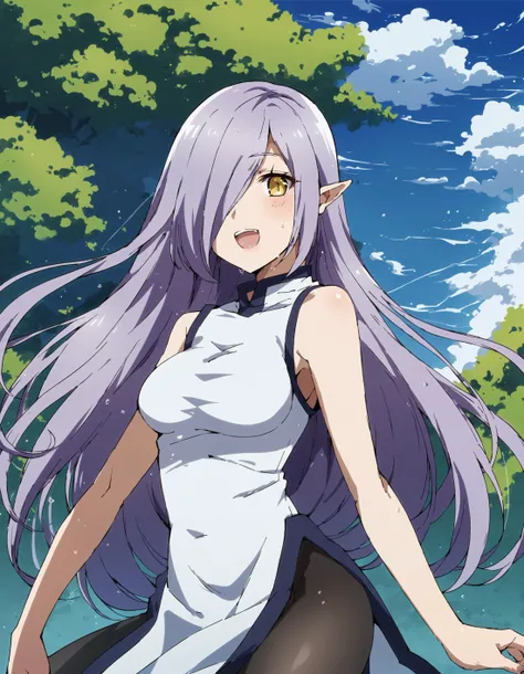 score_9, score_8_up, score_7_up, score_6_up, score_5_up, score_4_up, source_anime, anime coloring
BREAK
kyarotto_olis, 1girl, solo, purple hair, very long hair, hair over one eye, pointy ears, yellow eyes, sleeveless dress, white dress, long dress, side slit, black pantyhose, looking at viewer, wind lift
BREAK
wind, nature, mountain, forest, blue sky
<lora:kyarotto_PeachBoyRiverside_ponyxl_v1:1>