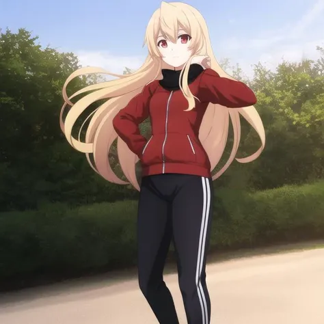mondaiji-leticia-grown, gym clothes, bow, blonde hair, long hair, hair between eyes, red eyes, full body, solo, 1girl, outdoors <lora:mondaiji-leticia-grown-000002:0.4>