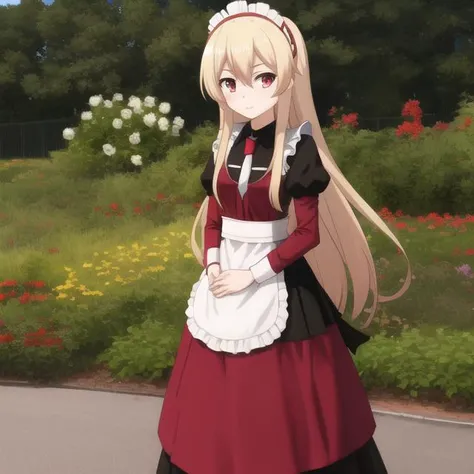 mondaiji-leticia-grown, maid costume, bow, blonde hair, long hair, hair between eyes, red eyes, full body, solo, 1girl, outdoors <lora:mondaiji-leticia-grown-000002:0.4>