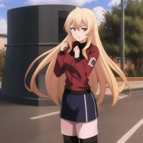 mondaiji-leticia-grown, gym clothes, bow, blonde hair, long hair, hair between eyes, red eyes, full body, solo, 1girl, outdoors <lora:mondaiji-leticia-grown-000002:0.7>