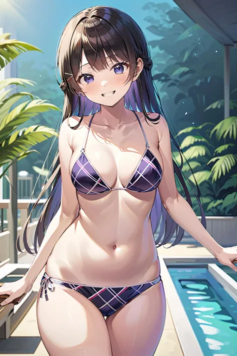 <lora:mito_xl_base_long:1>,tsukino mito,bikini,smile,poolside,