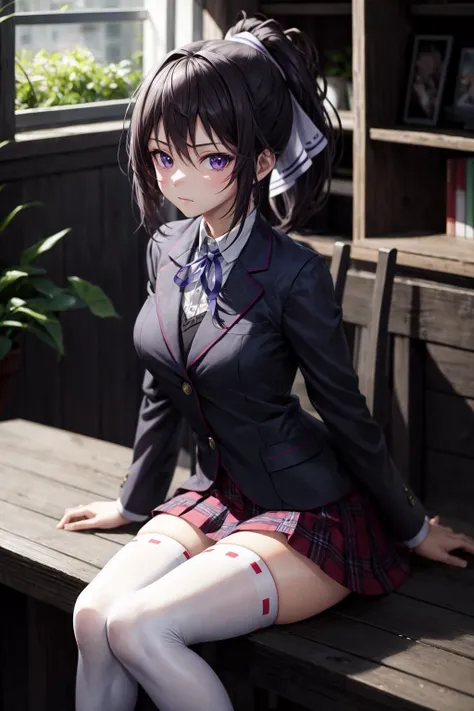 absurdres, best quality, 1girl, solo, looking at viewer, eye focus, <lyco:GoodHands-beta2:1.0>,  <lora:HoukiShinononoV1:0.8>, HoukiShinonono, black_hair, purple_eyes, green_hair_ribbon, ponytail, SCHL_uniform,white_thighhighs,blue_ribbon