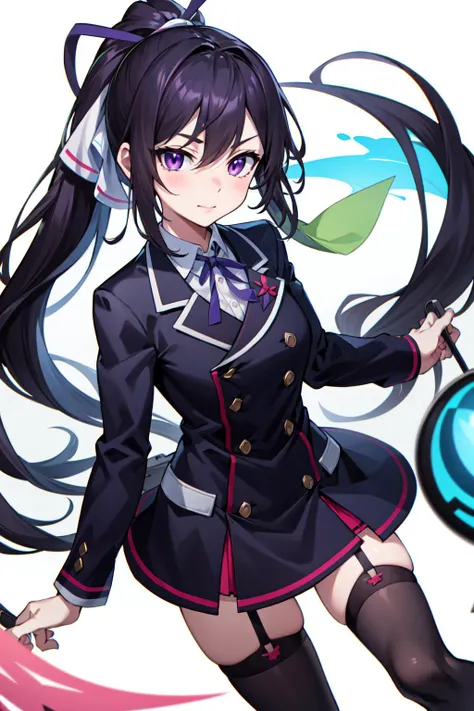 absurdres, best quality, 1girl, solo, looking at viewer, eye focus, <lyco:GoodHands-beta2:1.0>, <lora:HoukiShinononoV1:0.8>, HoukiShinonono, black_hair, purple_eyes, green_hair_ribbon, ponytail, SCHL_uniform,white_thighhighs,blue_ribbon
