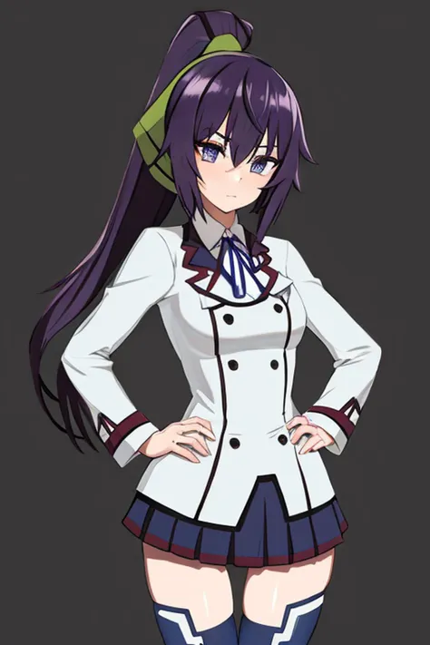 <lora:HoukiShinononoV1-50:1>,HoukiShinonono, 1girl, cowboy_shot, long_hair, thighhighs, school_uniform, ponytail, purple_eyes, green_hair_ribbon, SCHL_uniform, blue_ribbon