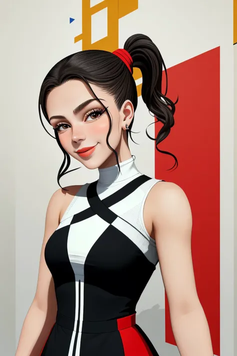 (constructivist design, geometric, bold, Russian art, highly detailed:1.15), half-body of <lora:sd15_DoaEvren_locon_24_v1-000025:.9> DoaEvren, focus on smiling face, wearing a tennis dress <lora:tennis_dress-1.0:0.8> , her hair is styled as ribboned ponytail,