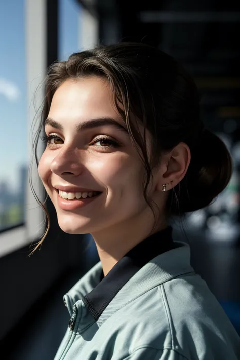 (shot from a Dutch angle, closeup on face:1.2) of photo of <lora:sd15_DoaEvren_locon_24_v1-000025:.8> DoaEvren, smiling, she is wearing jacket , her hair is styled as Straight Side Part, BREAK she is (in the gym:1.1), silhouetted against the light, shot on Leica T, Leica colors,smooth skin tone ,50mm ,Velvia 100 ,