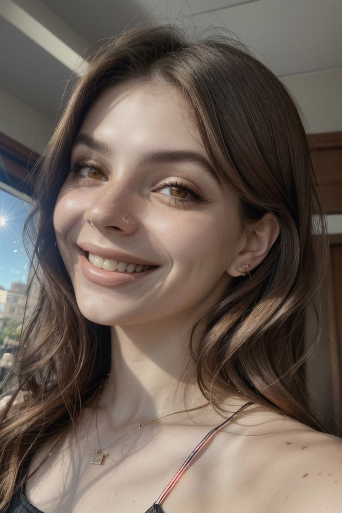 A close up of a woman with long hair smiling at the camera - SeaArt AI